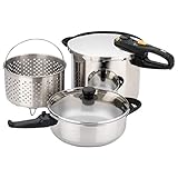 Fagor Stainless Steel Duo Combi 2-in-1 Pressure Cooker for Rice, Beans, Braised Meats, & Soups, 4 & 8 Quart, Silver, 5 Piece Set