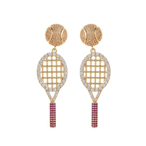 Mujeres oro de tenis raqueta Pendientes de colgante - Pendientes de tenis de diamante brillante bola y raqueta para los amantes del deporte