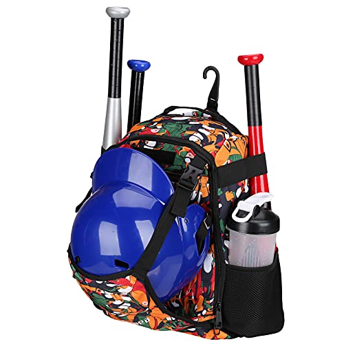 Zoea Baseball Bat Bag Backpack, T-Ball & Softball Equipment & Gear For Youth, Large Capacity Holds 2 Bats, Helmet, Gloves, Cleats, Helmet Holder And Includes Fence Hook (Orange) #TOP9