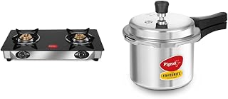 Pigeon by Stovekraft Favourite 2-Burner Glass Top Gas Stove, Black & Favourite Outer Lid Non Induction Aluminium Pressure Cooker, 3 litres, Silver Combo
