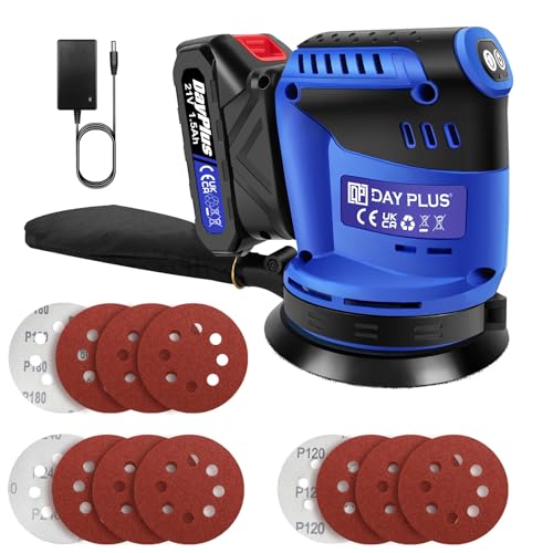 21V Cordless Random Orbital Sander - 3-Step Speed with Battery and Fast Charger, 125mm Wheel, 12 Sanding Papers, Dust Bag Perfect for Wood and Steel Surfaces