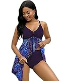 NAFLEAP Women Swimdress Swimsuit Plus Size Two Piece Tankini Printed Swimwear Bathing Suits, Purple Peacock, M
