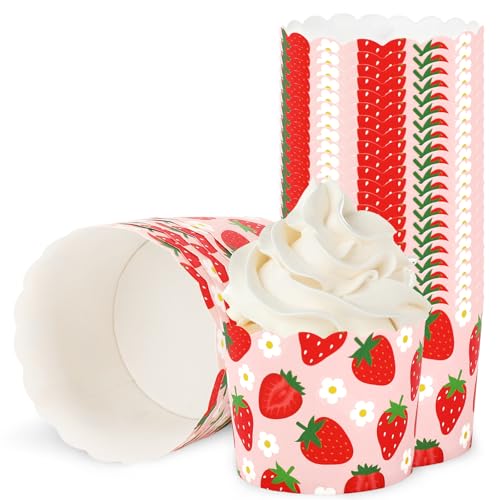 JarThenaAMCS 100Pcs Strawberry Baking Cups Pink Red Strawberry Flower Cupcake
