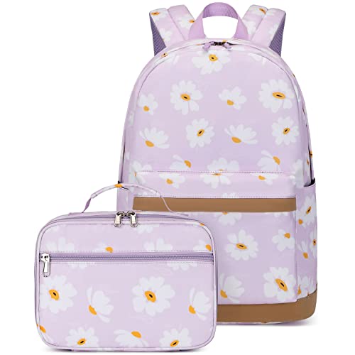 Createy Backpack for Girls Kids Backpack with Lunch Box Lightweight Daisy Prints Backpack Primary Elementary Students Bookbags School Bags Set