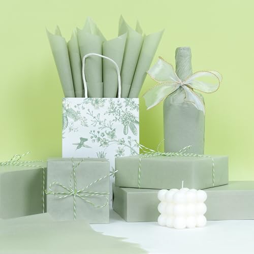 Larcenciel Seidenpapier Salbei Grüne, 60 Blatt Matte Seidenpapier Verpackungsmaterial für Geschenktüte Füllmaterial, Geschenkpapier für Geburtstage, Hochzeit, Babyparty, Jubiläen, Basteln, 50x35 CM