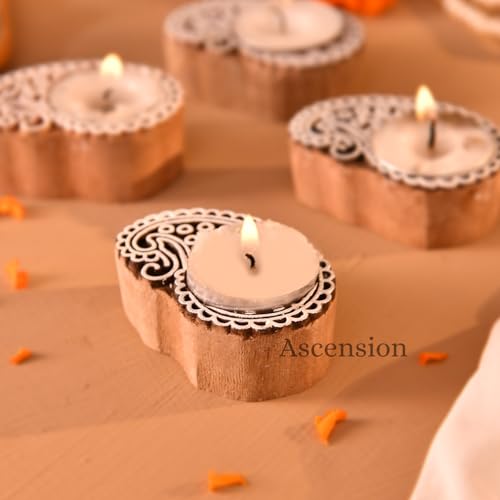 Image of Ascension Pack of 4 Wooden Peacock Shaped Tea Light Candle Holder Handmade Wooden Block Print Tealight Candle Stand Decorative Items For Puja Gifting Indoor Outdoor Diwali Decoration Home Office Decor