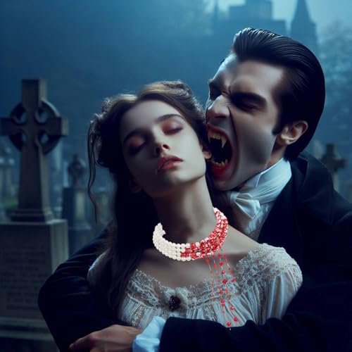 Vampir Kostüm Damen Set - Halloween Accessoires Damen & Vampir Zubehör - Blutige Perlenkette & Ohrringe für den Grusel-Look, Halloween Kostüm damen, Verstellbarer Blutige Perlenkette für Halloween