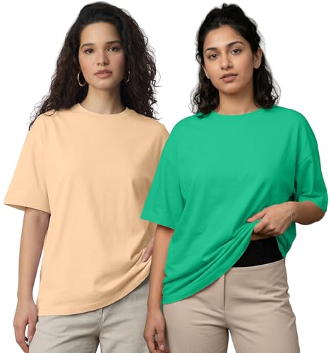 Image of LEOTUDE Half Sleeve Cottonblend Oversized Tshirt for Women, Round Neck Longline Printed Raglan Sleeve Colourblocked Drop Shoulder Baggie T-Shirt Top for Woman (Color Pink)
