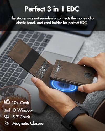 iwantit MagSafe Wallet, 3 in 1 Magnetic Elastic Band Wallet, Pop Up Card Cases, Bifold Wallet (Nubuck Brown)3