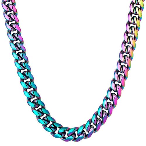 Stainless Steel Rainbow Colorful Cuban Link Chain Chunky Heavy Curb Necklace for Men Women