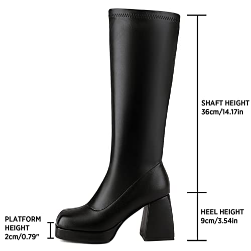 Image of SOVANYOU Black Leather Boots Platform Boots for Women Fashion Square Toe Chunky Block Heeled Boots Side Zip