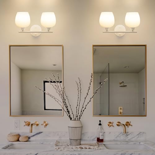 Image of ONEWISH Bathroom Light Fixtures - Modern Wall Sconces 2 Light, Wall Lamp for Vanity Light Over Mirror, Opal Glass Globe Lamp for Bedroom, Living Room, Hallway, Kitchen, Soft Lighting E26 Socket White