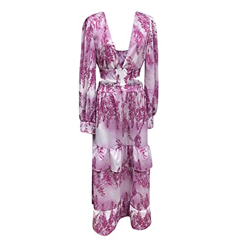 STKOOBQ Vestido maxi plissado feminino boêmio estampa floral decote em V profundo casual manga longa