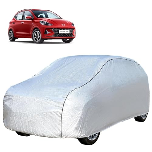 Image of Pivalo Car Cover for Grand i10 Nios All Model & Years (2019-2025) 100% Waterproof with Mirror Pockets, Triple Stitched Bottom Elastic Dustproof Full Body Protection (Heat & UV Resistant, Silver)