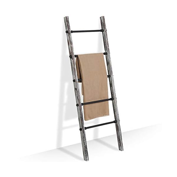 MyGift Urban Rustic Torched Wood Blanket Ladder Decor with 5 Industrial Metal Rungs, 5 Foot Wall Leaning Towel Storage Rack MyGift Urban Rustic Torched Wood Blanket Ladder Decor with 5 Industrial Metal Rungs, 5 Foot Wall Leaning Towel Storage Rack