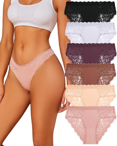 Image of ALL OF ME Sexy Underwear for Women Lace Bikini Panties Low Rise Cotton Hipster Stretch Ladies Cheeky Panty 6 Pack