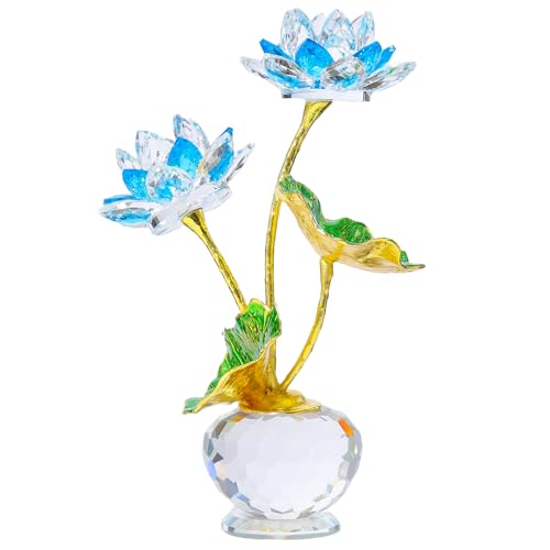 Review de Lote navidad Top diez. 31 YWHL - Figura de flor de loto de vidrio azul con jarrón, hecho a mano con ramo de regalos de loto para mujeres en cumpleaños, Navidad, día de la madre, flor de loto de vidrio,...