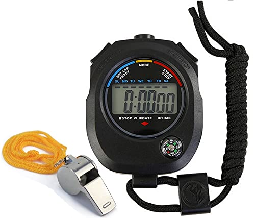 Sports Stopwatch Timer, Professional Digital Stopwatch with Calendar Alarm Compass, Multi Handheld Stopwatch Timer Whistle for Swimming Running