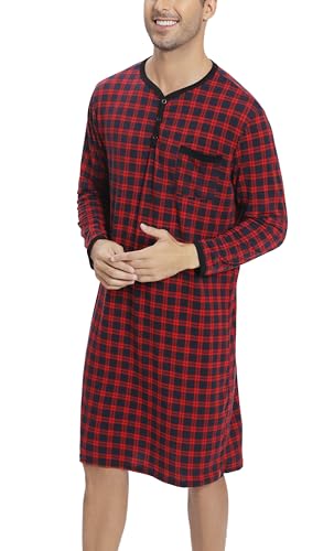 Men's Plaid Long Sleeve Nightshirt Knee-Length Sleepwear with Chest Pocket Sleepwear2