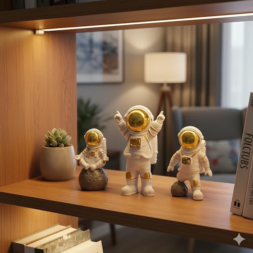 Image of REWOP Astronaut Figurine Set of 3 - Cute Space Theme Desk Decor, Moon Surface Resin Statues for Home, Office, Car Dashboard, Gift for Kids & Space Lovers (Gold)