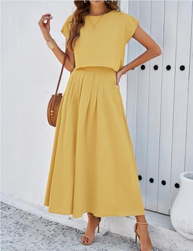 Image of HangNiFang Summer Skirt Sets Women 2 Piece Outfits Cap Sleeve Top Elastic Waist Maxi Dress Sets with Pockets