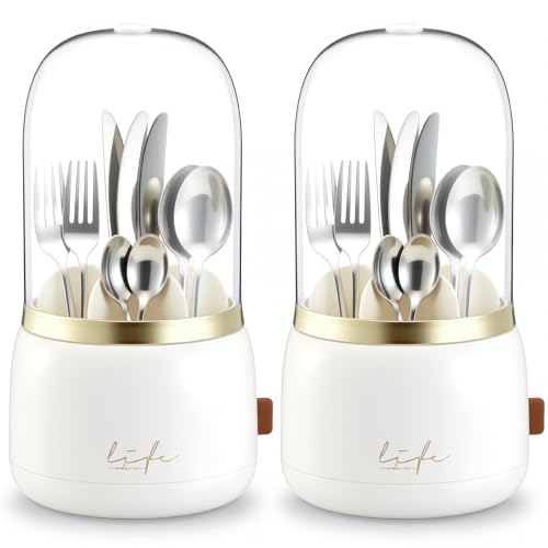 Singhoow 2 Pcs 360° Silverware Organizer with Lid, White, 7 Slot