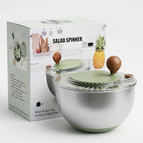 5.3QT Stainless Steel Salad Spinner - Large Salad Spinner with Non-Slip Base, Drain Hole and Stop Button- Dish Washer Safe Vegetable Spinner