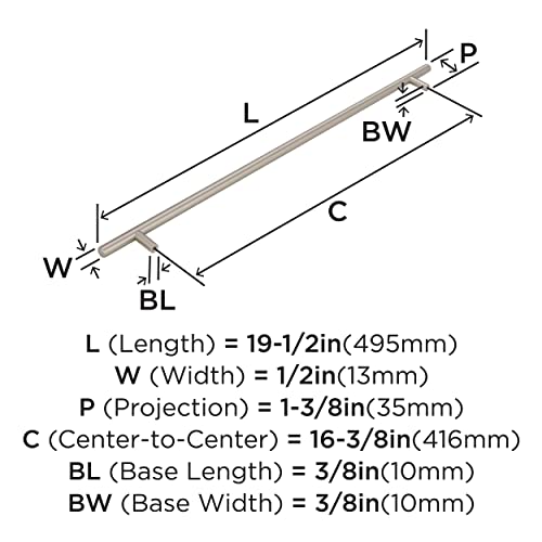 Image of Amerock 16-3 /8 inch Bar Pulls Sterling Nickel Drawer Pull | 16-3 /8 inch (416mm) Center-to-Center Mounting Distance and 19-1 /2 inch Overall Length, Durable Carbon Steel Cabinet Hardware