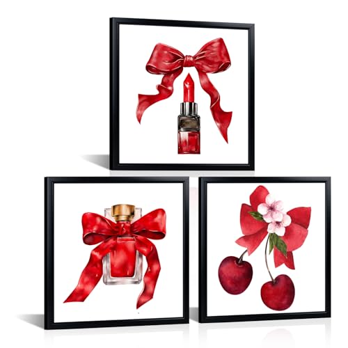 LyerArtork 3 Piece Red Bow Wall Art Canvas Prints Fashion Pictures Lipstick Perfume Cherry Painting Wall Decor for Girls Preppy Room Bedroom Black Framed 12x12inchx3