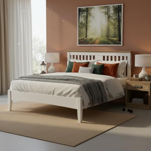 Image of APRODZ Solid Wood Without Storage Queen Size Parma Bed for Bedroom Stylish | White & Brown Finish