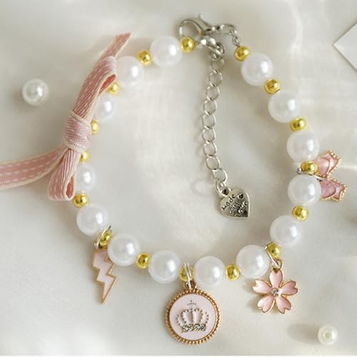 Image of Qiansail Cat Pearl Collars Necklace, Dog Collar with Pendant Pet Cute Princess Bow Crown Fashion Accessories for Puppy Kitten (Pink, M)