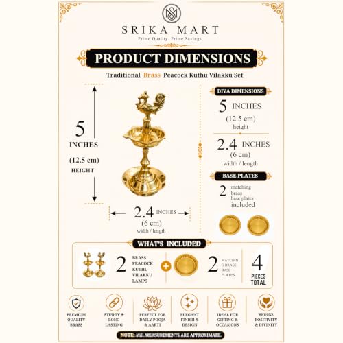 Image of Brass Peacock Kuthu Vilakku 5-Inch Compact Set of 2 with 2 Matching Base Plates, Samai Deepam Oil Lamps