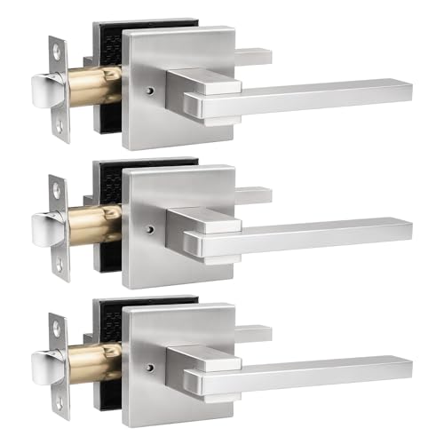 Image of Orger 3 Pack Privacy Door Lever Square Keyless Door Handle for Left /Right Handed Doors, Satin Nickel Interior Door Handle Privacy Door Lock for Bathroom Bedroom, Stainless Steel