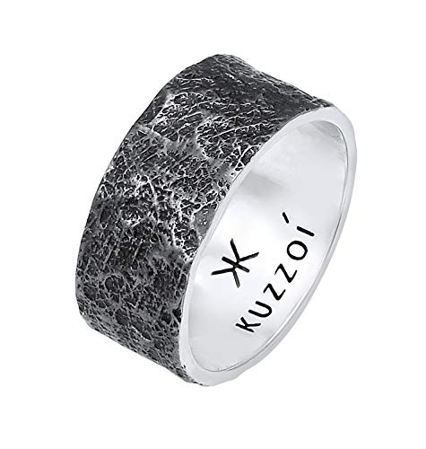 Kuzzoi Anillo para Hombre Forjado a Mano Macizo de Plata de Ley 925 (10 mm) - Aspecto Envejecido, Estructura Rústica Oxidado