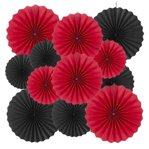 MOWO Black Red Paper Fans Hanging Decoration, 12pc
