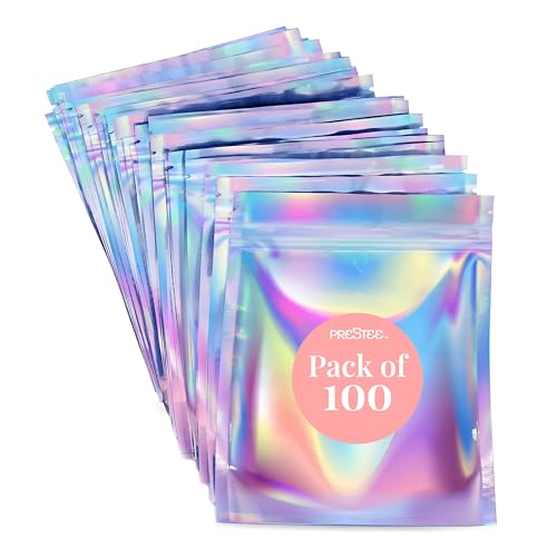 Prestee 100 Pack Mylar Bags 4x6 - Resealable Holographic Bags with Window - Smell Proof Mylar Bag for Food Storage, Candy Bag, Packaging Bags for Small Business, Snacks, Coffee, Herbs, and More