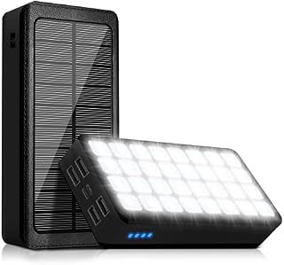 Solar Charger PS000 30000mAh Power Bank Camping Waterproof External Backup Charge with 4 Outputs & Dual Inputs 32 LED Light Flashlight Backup BatteryBlack