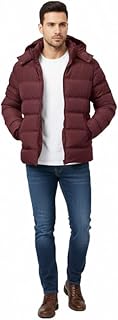 جاكيت منفوخ مبطن للرجال، معطف شتوي بغطاء للرأس، ملابس خارجية بسوستة، لون بورجندي