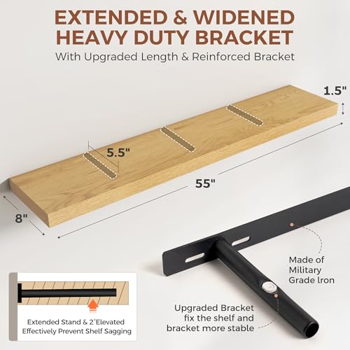 Image of Dreamland 55 Inch Floating Shelves for Wall,8 Inch Deep Floating Shelves,55 inch W x 8 inch D Wall Shelves for Bedroom,Living Room, Kitchen,Bathroom,Oak Color,Set of 2