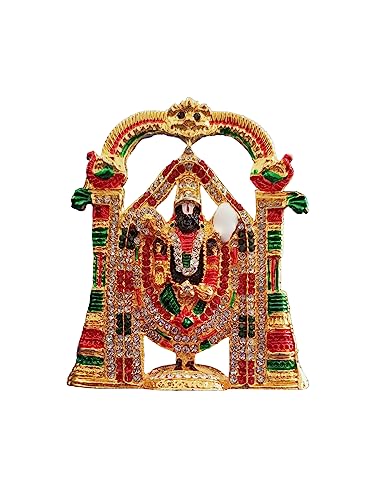 Multicolor Stone Studded Tirupati Balaji with Sudarshan Chakra and shankh Idol for Car Dashboard - 9.5 cm
