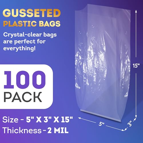 APQ Clear Gusseted Poly Bags, 5 x 3 x 15 Inches. Pack of 100 Waterproof Side Gusseted Plastic Bags with Open Top. 2 Mil Thick Flat Bottom Clear Bag for Packaging Popcorn, Cookies, Bread