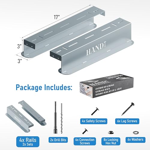 Image of USA Based Overhead Garage Storage Rack, Connectable Heavy Duty Metal Ceiling Rails Garage Storage Organization Shelving System, Hanging Racks Tote Containers, Supports Up To 3 Bins, 2 Sets Gray