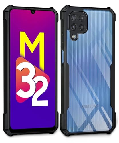 Image of WOW IMAGINE Shock Proof Clear Back Cover Case Mobile Cover for Galaxy M32 4G (Hard | Hybrid PC + TPU | Full Armour Device & Camera Protection | Black)