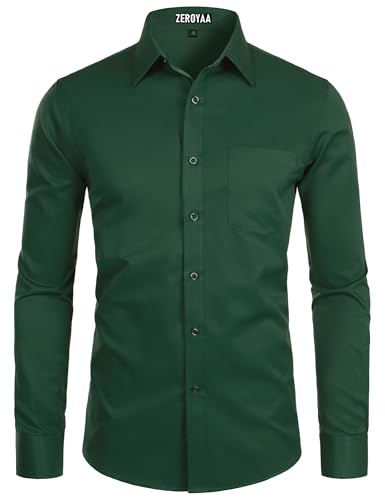 ZEROYAA Men's Long Sleeve Dress Shirt Solid Slim Fit Casual Business Formal Button Up Shirts with Pocket Green L