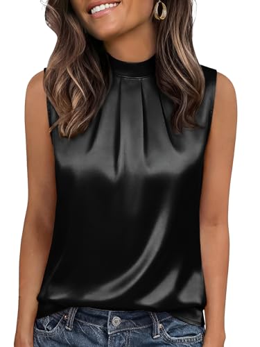 Image of Funlingo Women's Silk Satin Tank Tops Mock Neck Camisole Dressy Sleeveless Blouse Business Casual Pleated Summer Shirts 2026