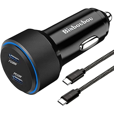 60W Dual USB C Car Charger Adapter - BiNboubou [PPS&PD] 30W 25W 20W Type C Super Fast Car Phone Charger Compatible for Galaxy S22/S21/S21+/Ultra/S20, iPad Pixel LG Tablets - 4ft Type-C Cord Cover