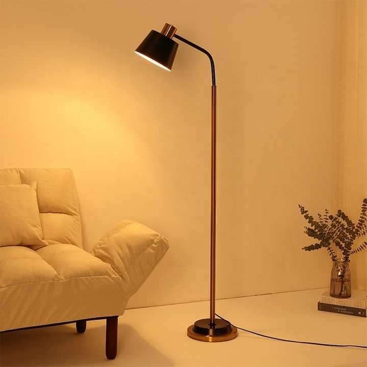 Image of Modern Floor Lamp for Living Room | Black & Gold Metal Standing Lamp with Adjustable Head | Minimalist Reading Floor Lamp for Bedroom, Corner & Home Decor