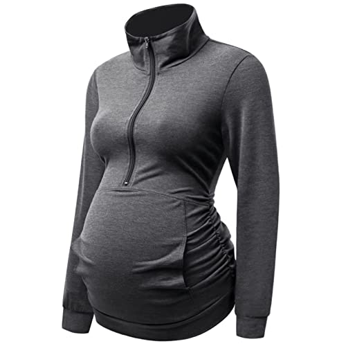 Image of DEBELLY Maternity Shirt with Pocket Women's Lapel Top Casual Pregnancy Long Sleeve Zipper Hoodie