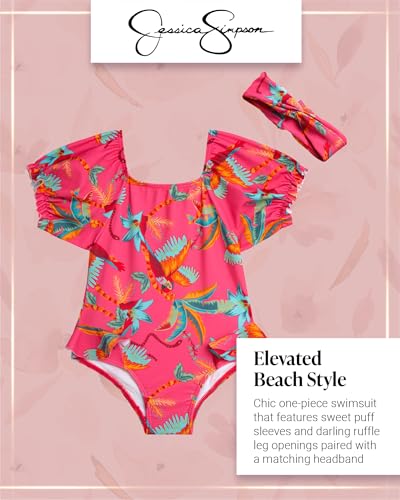 Jessica Simpson Baby Girls Swimsuit - Short Sleeve One Piece Bathing Suit for Toddlers with Matching Headband (12M-4T)2