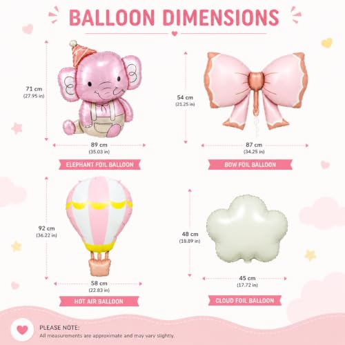 Image of Rozi Decoration Pink Elephant Foil Balloon Set for Kids Birthday Decorations, 4 Pcs Elephant, Bow, Hot Air Balloon & Cloud Foil Balloons for First Birthday, Naming Ceremony, Welcome Party Decor